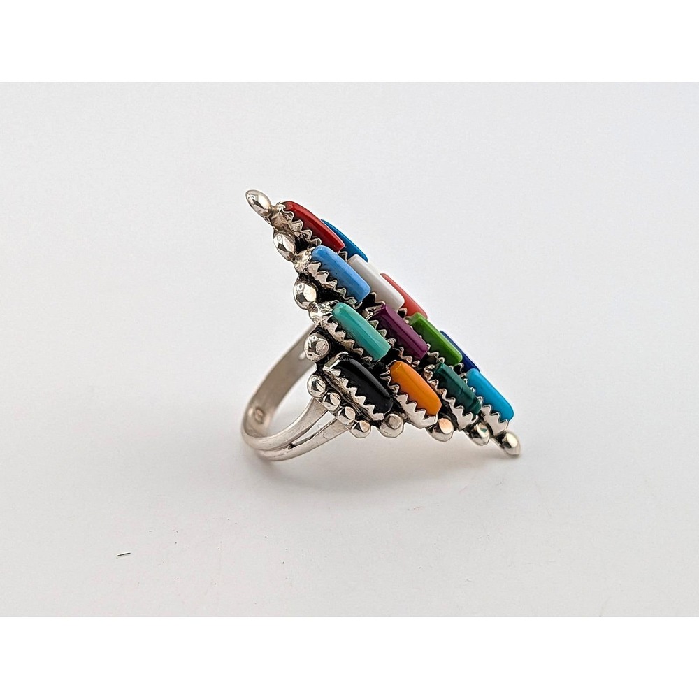 Navajo Turquoise Cluster Ring - Signed S Shorty Sz 7.25US Handmade Native ** - Picture 3 of 8